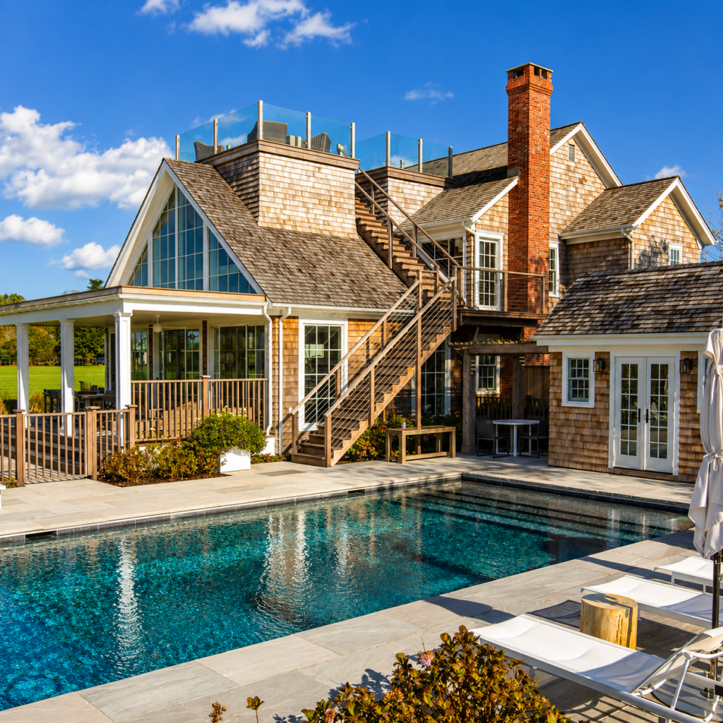 Cedar shake pool house with a rooftop deck at an East Hampton, NY estate, by MJB Roofing & Siding