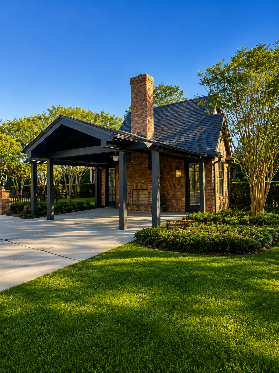 Brick carriage house on a Mattituck, NY property, serviced by MJB Roofing & Siding