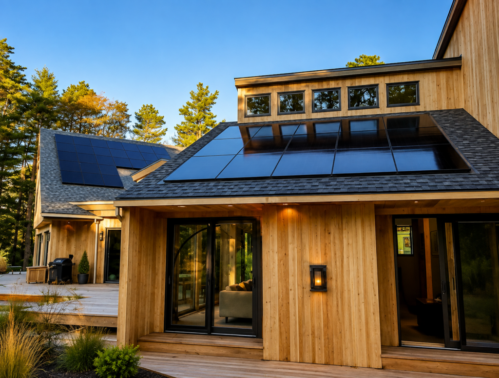Modern wood-sided home in Moriches, NY, near Moriches Bay, serviced by MJB Roofing & Siding