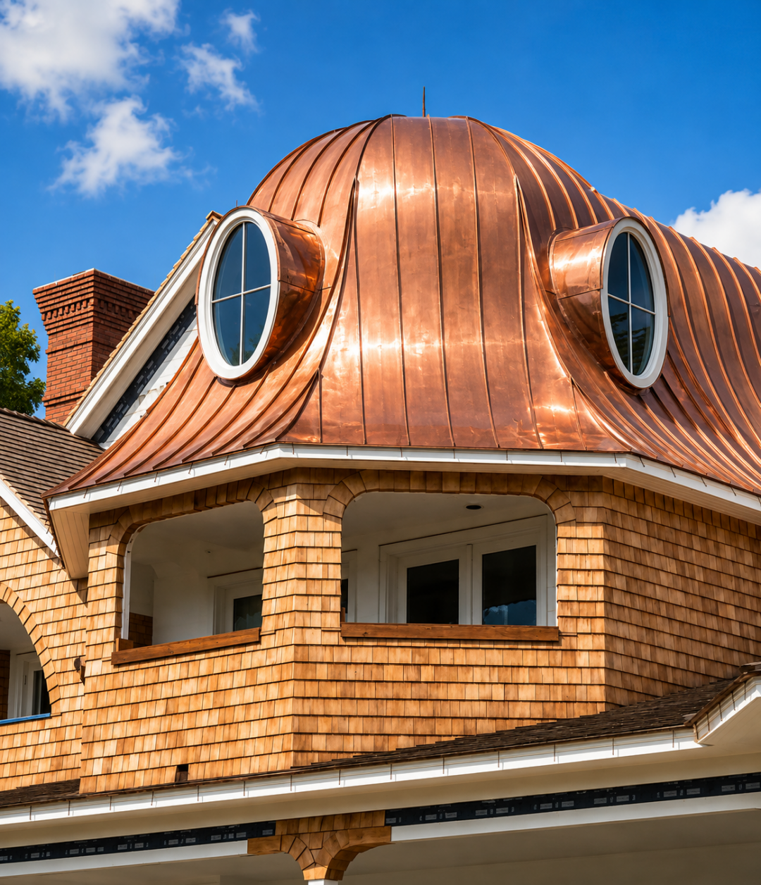 Copper turret roof with round windows on a Port Jefferson, NY home, by MJB Roofing & Siding