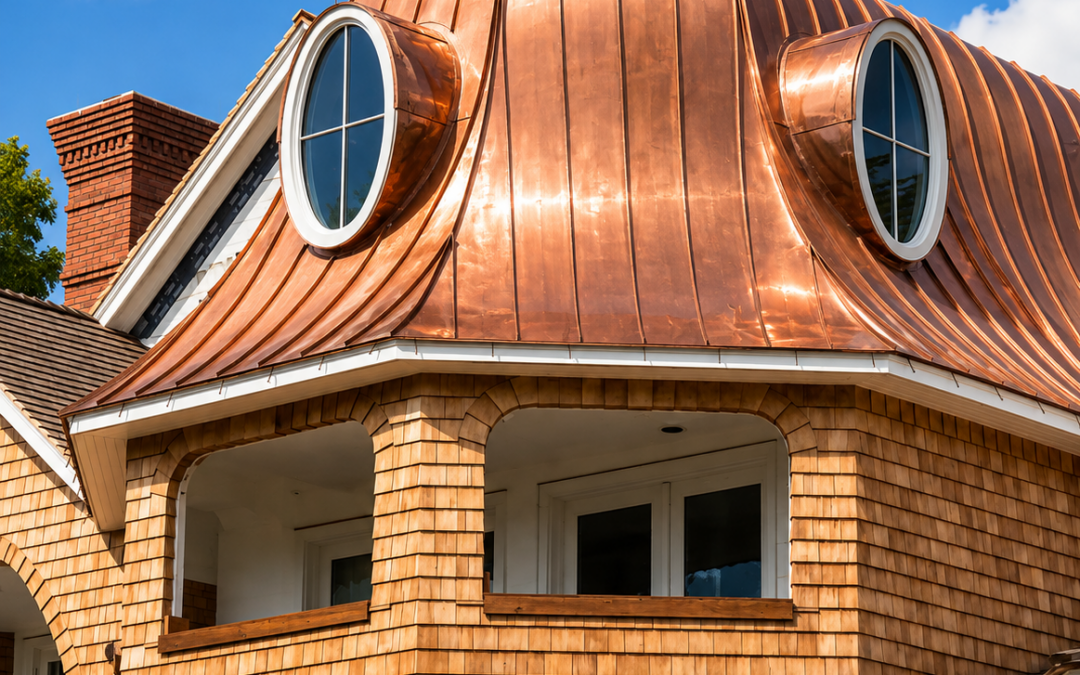 Copper turret roof with round windows on a Port Jefferson, NY home, by MJB Roofing & Siding