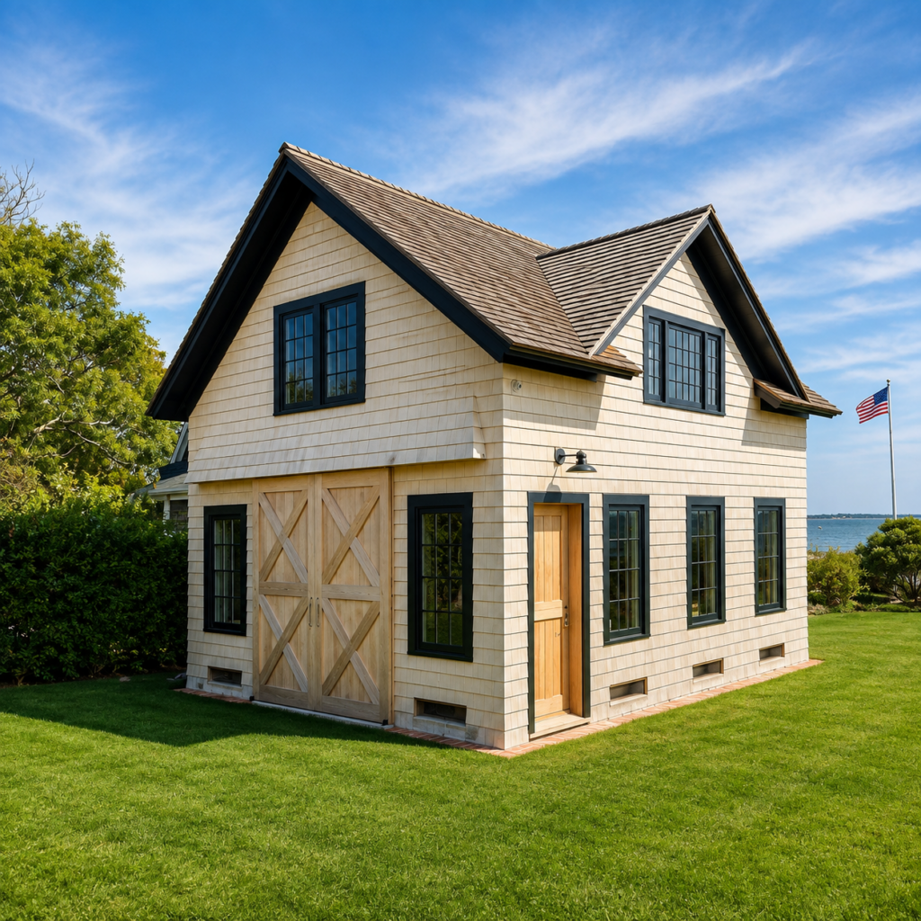 Cedar shake barn-style structure on a Remsenburg, NY estate property, by MJB Roofing & Siding