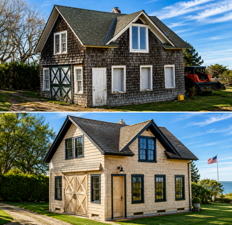 Before and after roof and siding replacement on a Long Island home by MJB Roofing & Siding