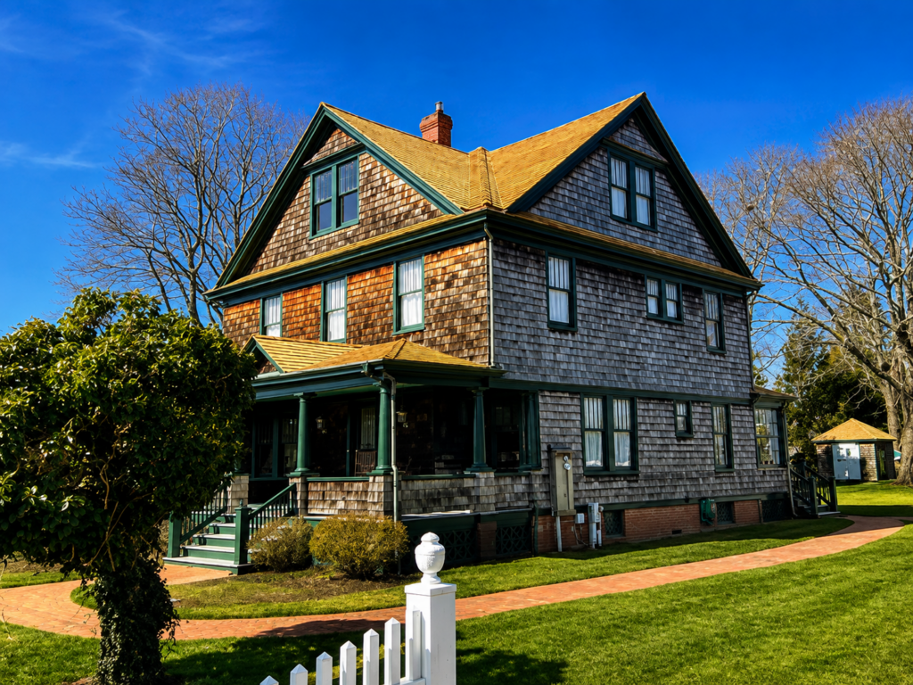 Historic Victorian shingle-style home in Greenport, NY, serviced by MJB Roofing & Siding
