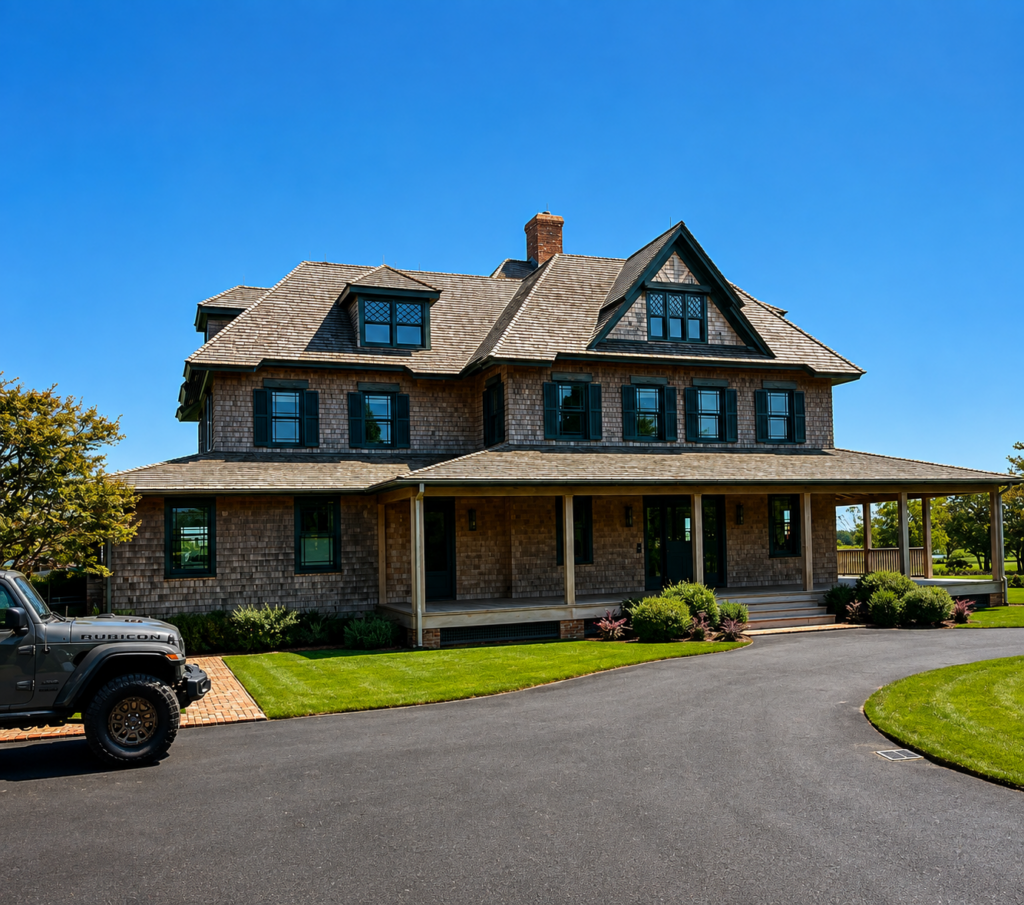 Large shingle-style estate home in Huntington, NY, with multiple dormers, by MJB Roofing & Siding