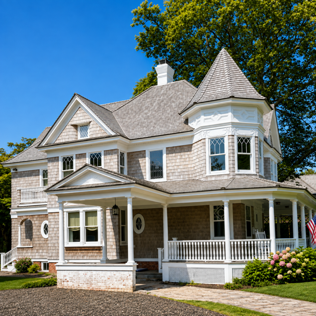 Ornate Victorian estate with a turret in Manhasset, NY, serviced by MJB Roofing & Siding