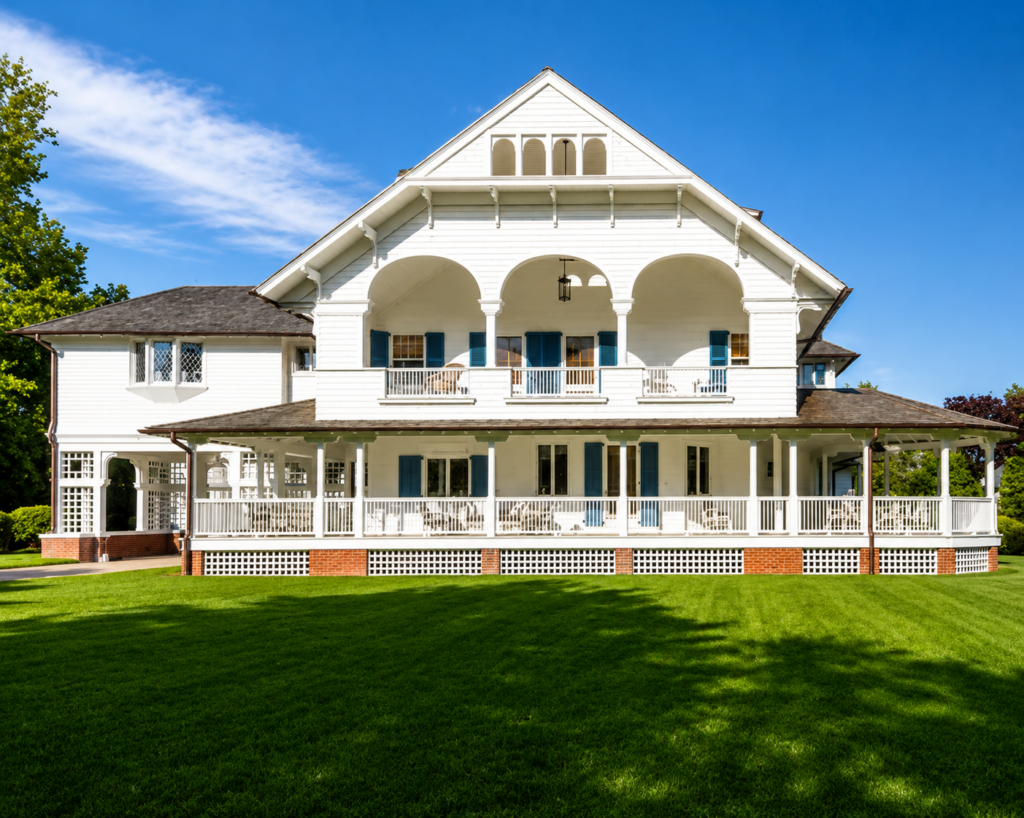 Grand Victorian estate home in Southampton, NY, with a wraparound porch, serviced by MJB Roofing & Siding