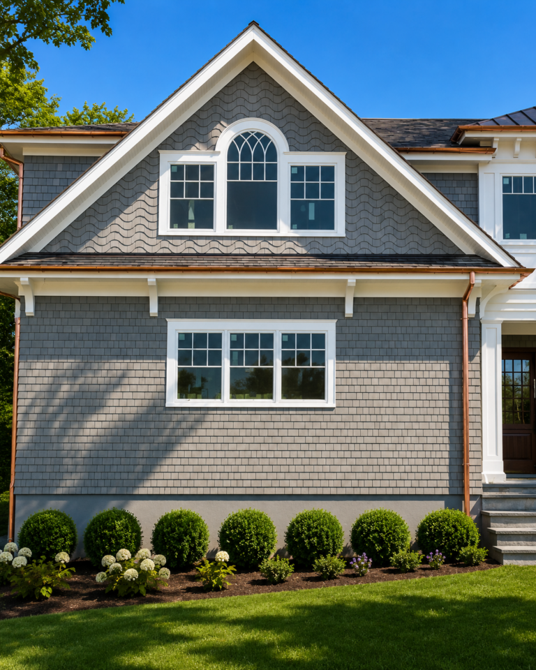 Cedar shake siding and gutter detail on a Long Island home by MJB Roofing & Siding