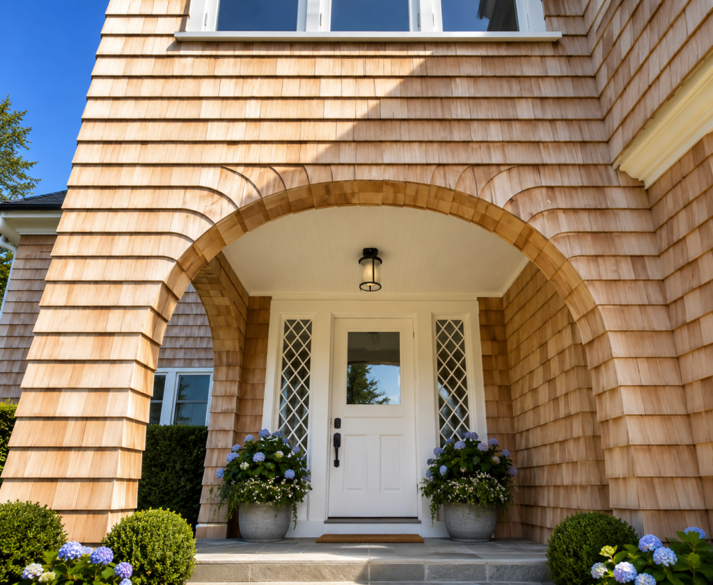 Cedar shake arched entryway on a Patchogue, NY home, by MJB Roofing & Siding