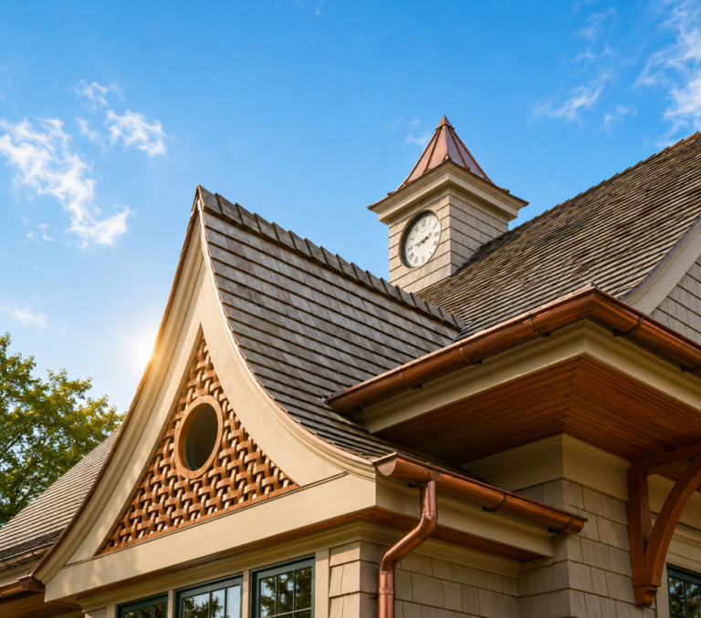 Custom cupola and complex rooflines on a historic Long Island structure by MJB Roofing & Siding