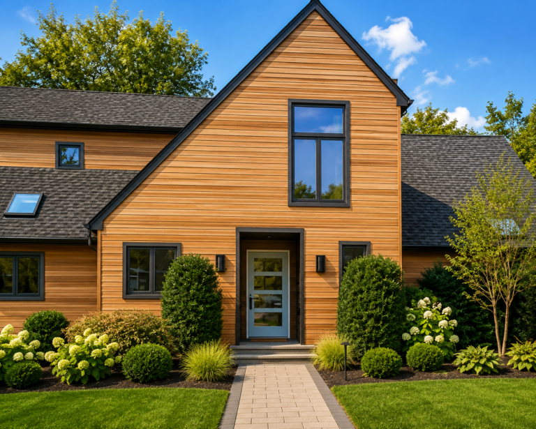 Modern Long Island home with wood siding and a durable architectural asphalt shingle roof by MJB Roofing & Siding