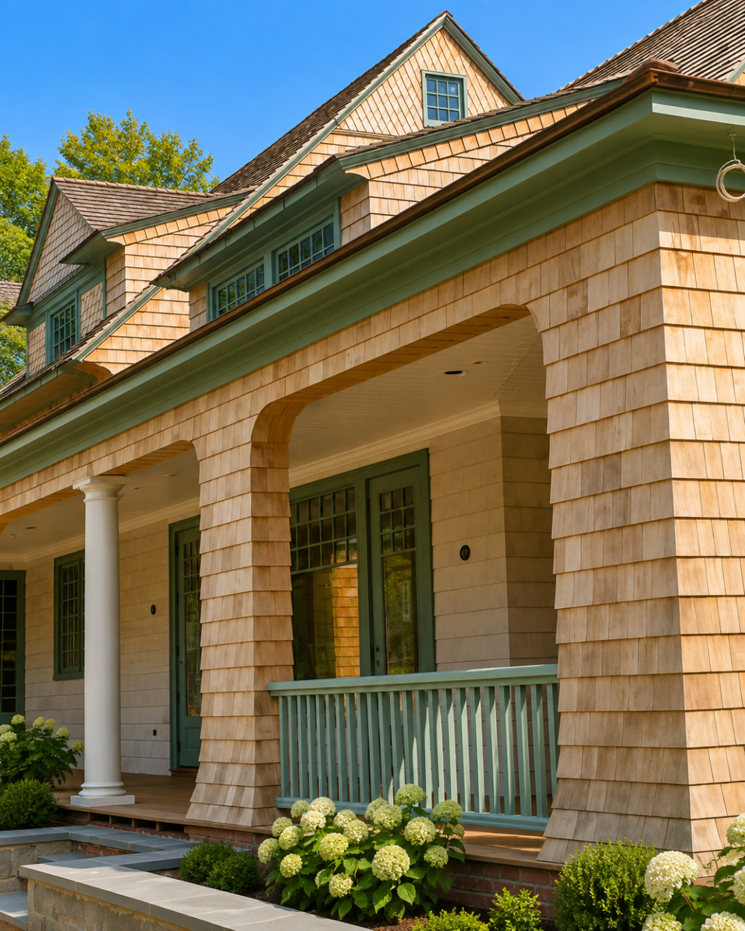 Cedar shake porch detail on a Center Moriches, NY home, by MJB Roofing & Siding