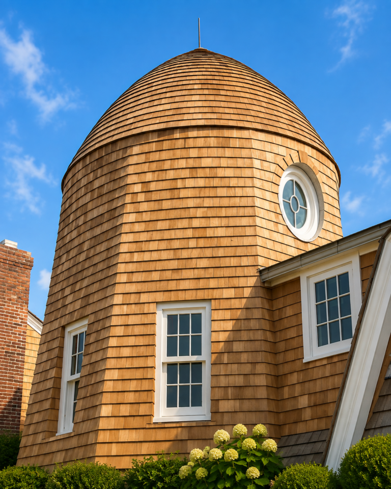 Custom round turret with cedar wood shingle roofing on a Long Island home by MJB Roofing & Siding