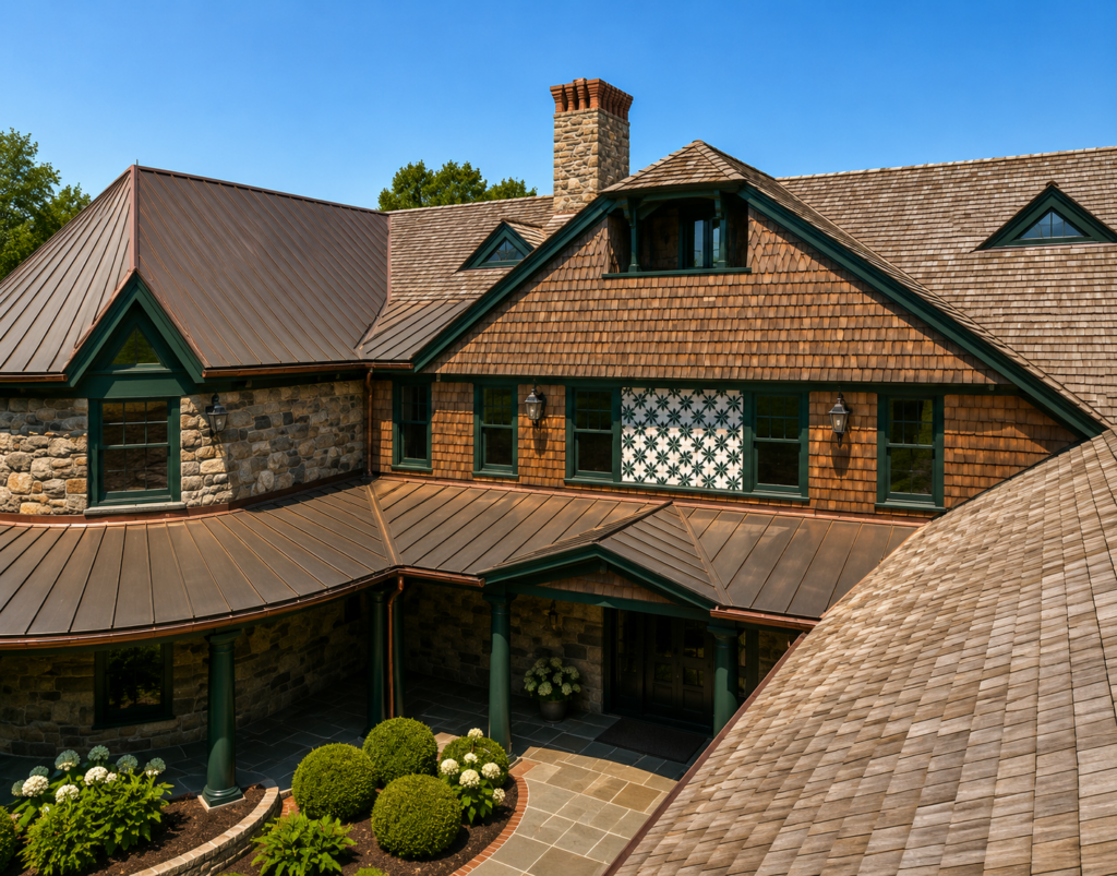 Complex multi-gable roofline on a Bellport, NY home, by MJB Roofing & Siding