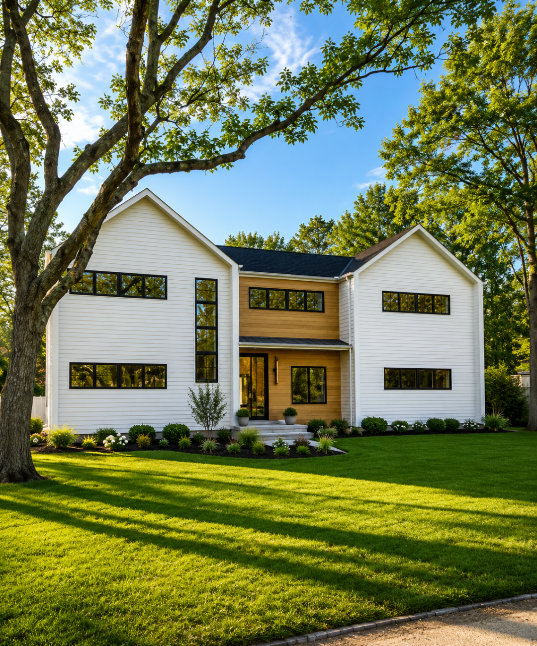 Modern farmhouse-style home in Hampton Bays, NY, with wood accent siding by MJB Roofing & Siding