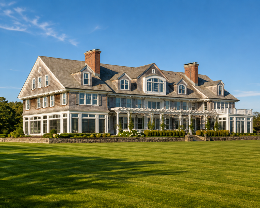 Grand Shingle Style estate with a cedar shake roof and siding in Quogue, NY, by MJB Roofing & Siding