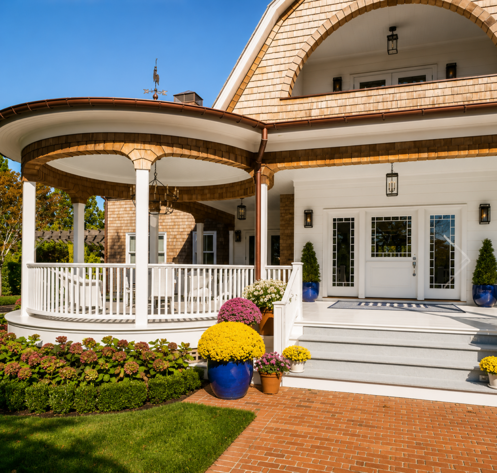 Copper-topped cedar shake gazebo on a Bridgehampton, NY farm-estate property, by MJB Roofing & Siding